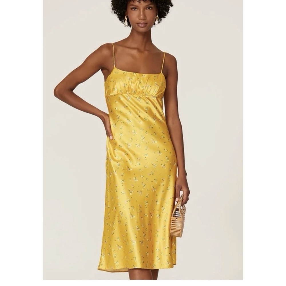 KOURT Womens Small Yellow Floral‎ Midi Dress Spaghetti Strap Summer Chic Office